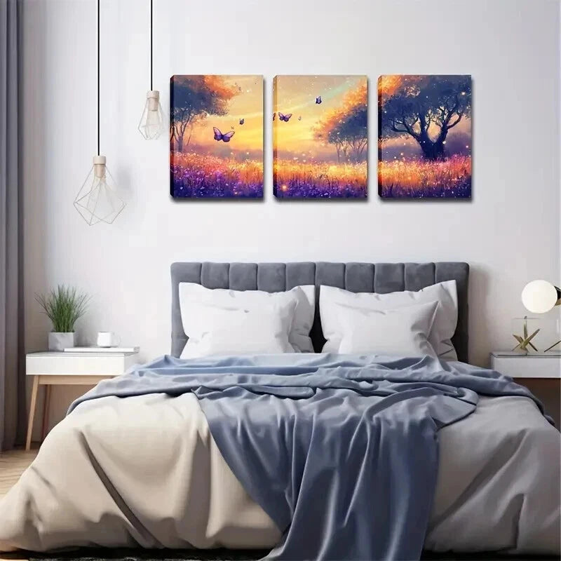 3pcs Sunset & Butterflies Landscape Painting Wall Art Set Canvas Framed 40x60cm - High Quality Print 100% Australian Made Wall Canvas Ready to Hang
