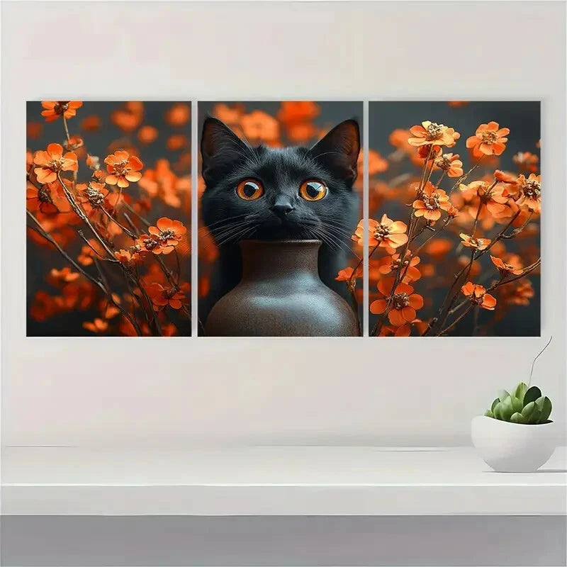 3pcs Funny Black Cat Vase Mishap Illustration Metal Print Ready to Hang Art