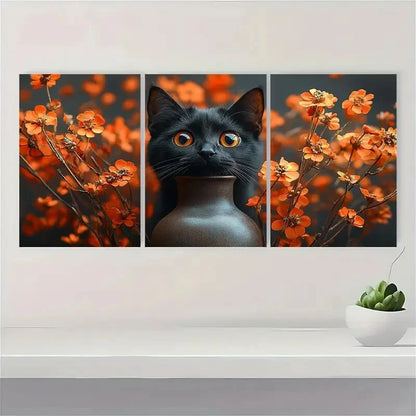 3pcs Funny Black Cat Vase Mishap Illustration Metal Print Ready to Hang Art