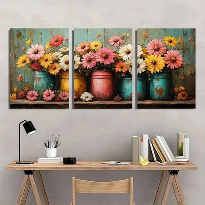 3pcs Yellow Pink & White Flowers in Metal Cans Wall Art Set Canvas Framed 40x60cm - High Quality Print 100% Australian Made Wall Canvas Ready to Hang