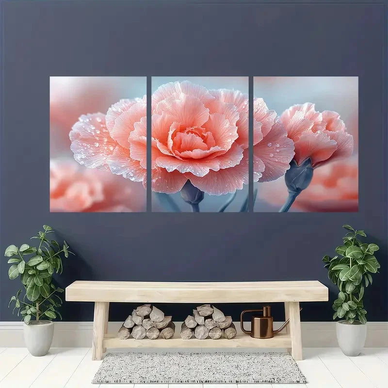 3pcs Pink Carnation Flower Droplet Perfect Wall Art Set Canvas Framed 40x60cm - High Quality Print 100% Australian Made Wall Canvas Ready to Hang