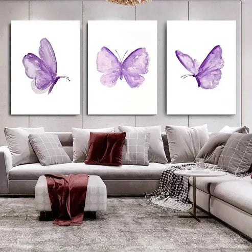 3pcs Butterfly Vibrant Purple Wall Art Set Canvas Unframed - High Quality Print 100% Australian Made Wall Canvas