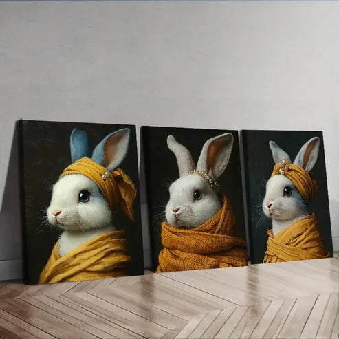 3pcs Rabbits wear pearls Wall Art Canvas Unframed - High Quality Print 100% Australian Made Wall Canvas