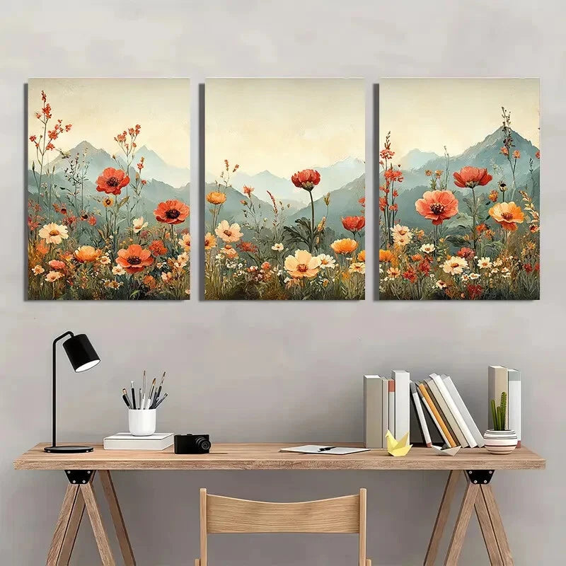 3pcs Wildflower Botanical Floral Panoramic Art  Metal Print Ready to Hang Art