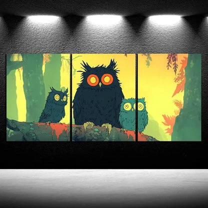 3pcs The Owl on The Branch Birds Metal Print Ready to Hang Art