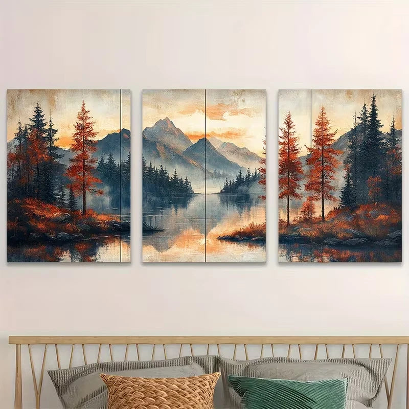 3pcs Vibrant Sunset & Mountain Scenery Metal Print Ready to Hang Art