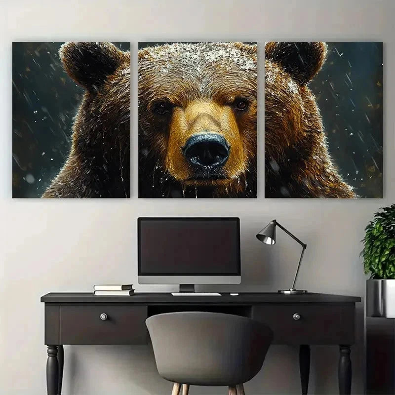 3pcs Grizzly Bear Impasto Animal Perfect Metal Print Ready to Hang Art