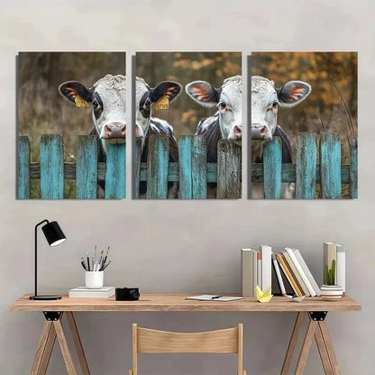 3pcs Rustic Cows Peeking Through Fence Wall Art Set Canvas Framed 60x90cm - High Quality Print 100% Australian Made Wall Canvas Ready to Hang
