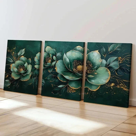 3pcs Teal Floral with Golden Accents Wall Art Set Canvas Framed 40x60cm - High Quality Print 100% Australian Made Wall Canvas Ready to Hang