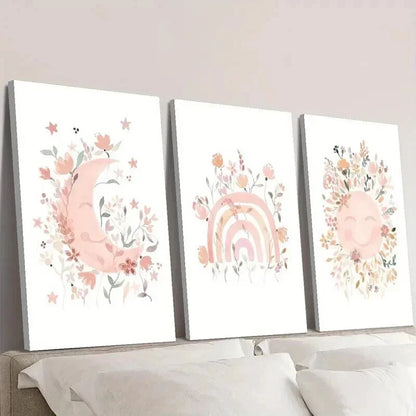 3pcs Moon Rainbow Sun Full of Flowers Wall Art Set Canvas Framed 50x70cm - High Quality Print 100% Australian Made Wall Canvas Ready to Hang