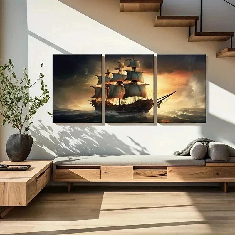 3pcs Sailing Ship in Stormy Seas Painting Wall Art Set Canvas Framed 40x60cm - High Quality Print 100% Australian Made Wall Canvas Ready to Hang