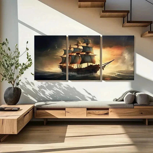 3pcs Sailing Ship in Stormy Seas Painting Wall Art Set Canvas Framed 40x60cm - High Quality Print 100% Australian Made Wall Canvas Ready to Hang