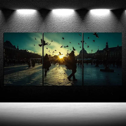 3pcs Blue Sky Pigeons on The Building Square Metal Print Ready to Hang Art