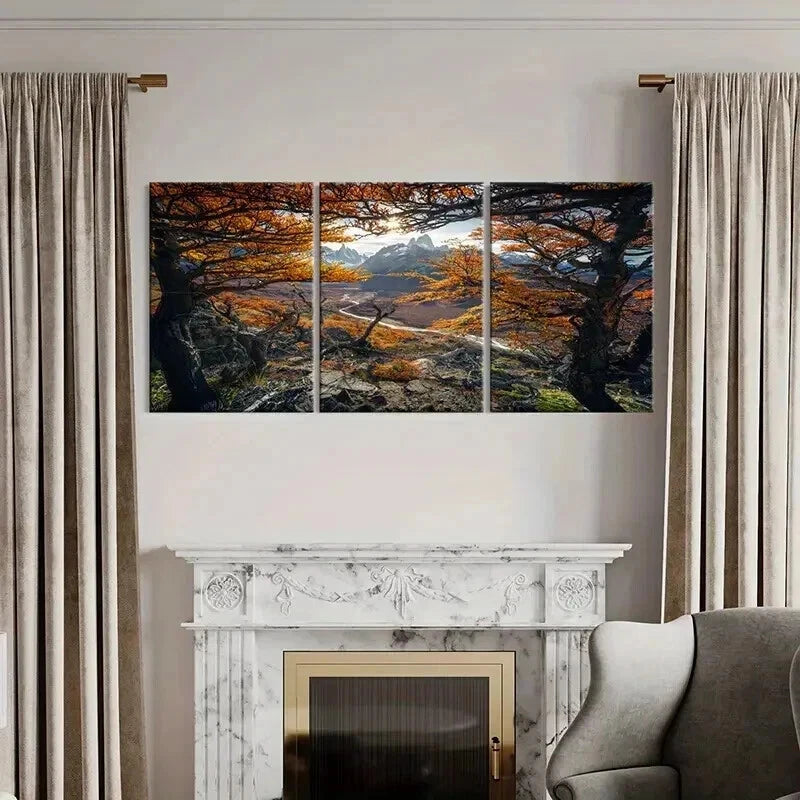 3pcs Mountains and Autumn Leaves Scenery Wall Art Set Canvas Framed 40x60cm - High Quality Print 100% Australian Made Wall Canvas Ready to Hang
