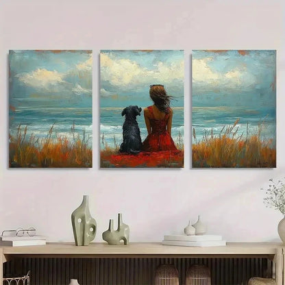 3pcs Whimsical Seaside Women With Dog Perfect Wall Art Set Canvas Framed 40x60cm - High Quality Print 100% Australian Made Wall Canvas Ready to Hang