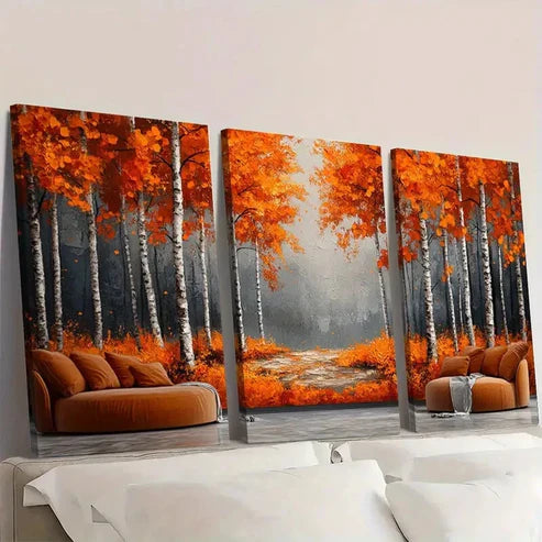 3pcs Vibrant Orange & Golden Leaves Wall Art Set Canvas Unframed - High Quality Print 100% Australian Made Wall Canvas