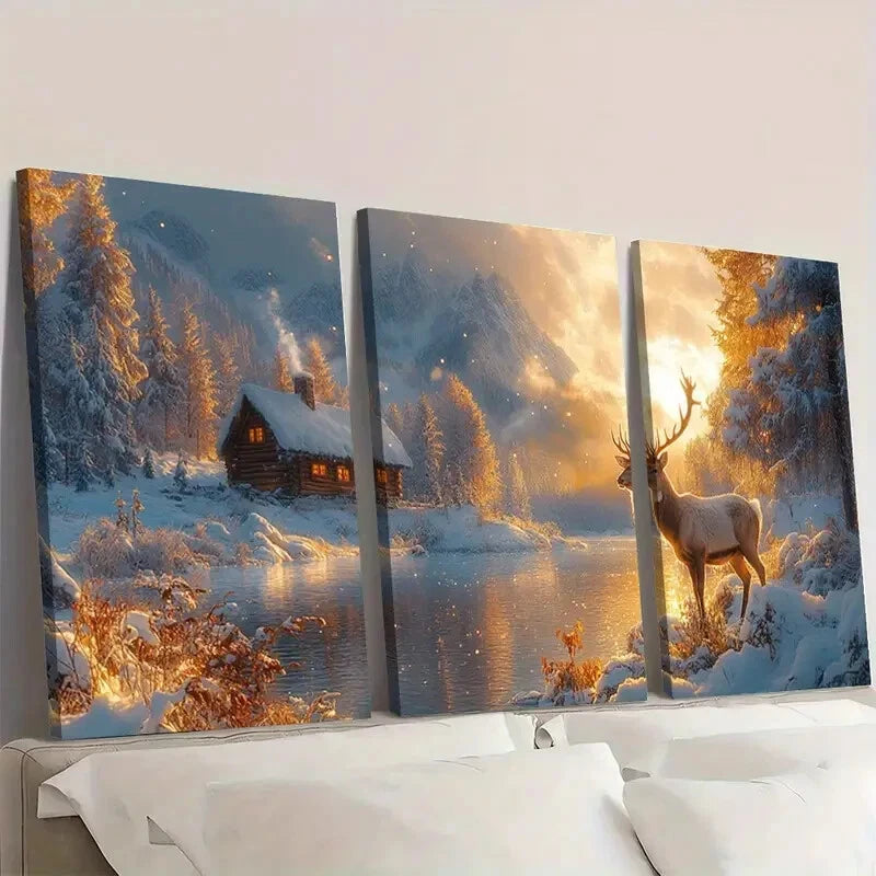 3pcs Landscape with Cozy Cabin & Majestic Stag Wall Art Set Canvas Framed 40x60cm - High Quality Print 100% Australian Made Wall Canvas Ready to Hang