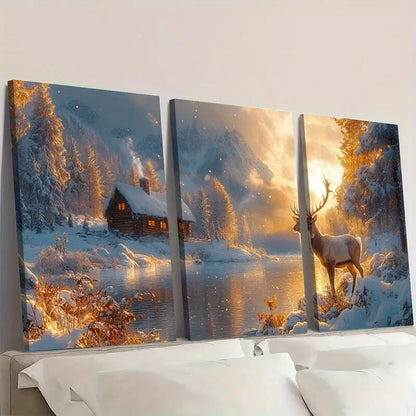 3pcs Landscape with Cozy Cabin & Majestic Stag Wall Art Set Canvas Framed 40x60cm - High Quality Print 100% Australian Made Wall Canvas Ready to Hang