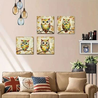 4pcs Funny Owl Themed  Wall Art Canvas Framed