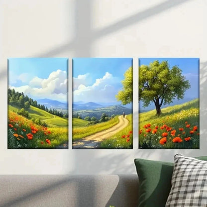 3pcs Landscape with Rolling Hills & Wildflowers Wall Art Set Canvas Framed 40x60cm - High Quality Print 100% Australian Made Wall Canvas Ready to Hang