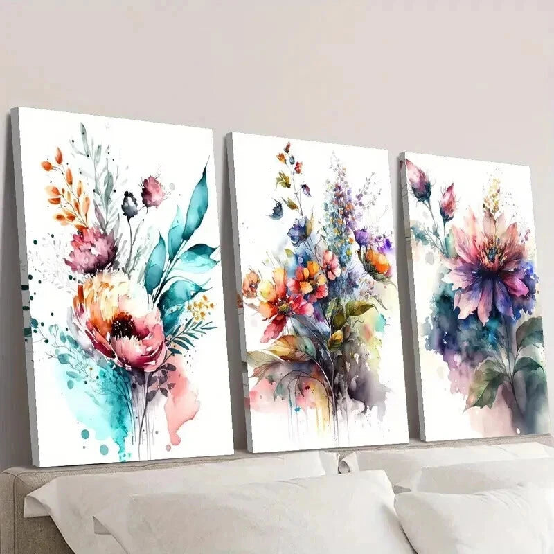 3pcs Bouquet of Watercolor Colorful Flowers Wall Art Set Canvas Framed 40x60cm - High Quality Print 100% Australian Made Wall Canvas Ready to Hang