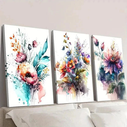 3pcs Bouquet of Watercolor Colorful Flowers Wall Art Set Canvas Framed 40x60cm - High Quality Print 100% Australian Made Wall Canvas Ready to Hang