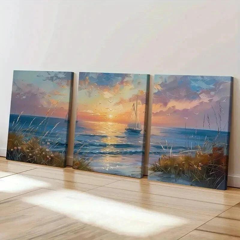 3pcs Golden Hour Sky Calm Sea and Wildflowers Wall Art Set Canvas Framed 40x60cm - High Quality Print 100% Australian Made Wall Canvas Ready to Hang