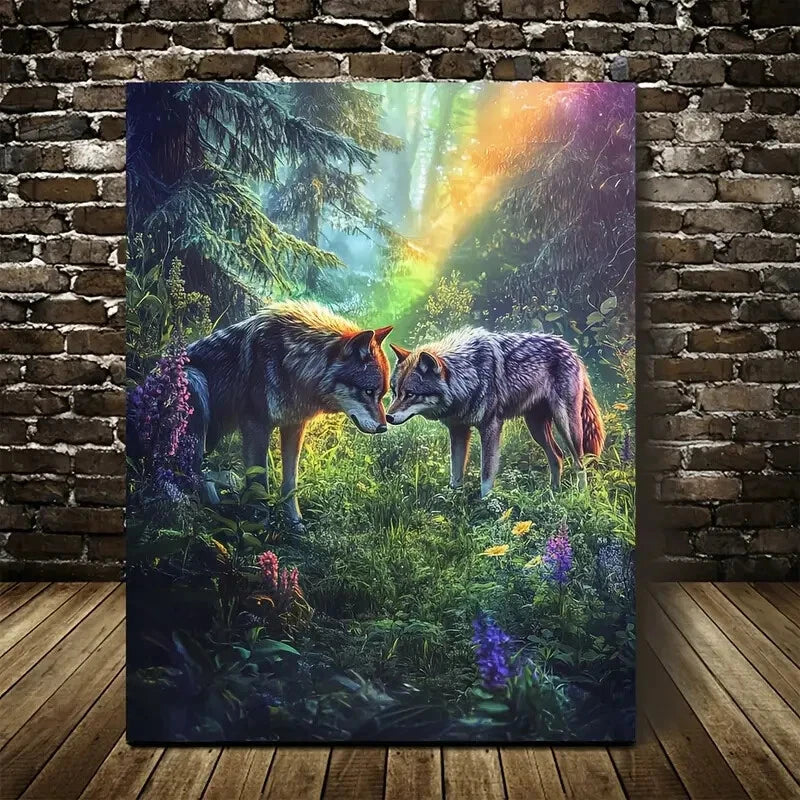 Beautiful Dreamlike Wolf Playtime Green Painting 40x60cm Metal Print Ready to Hang
