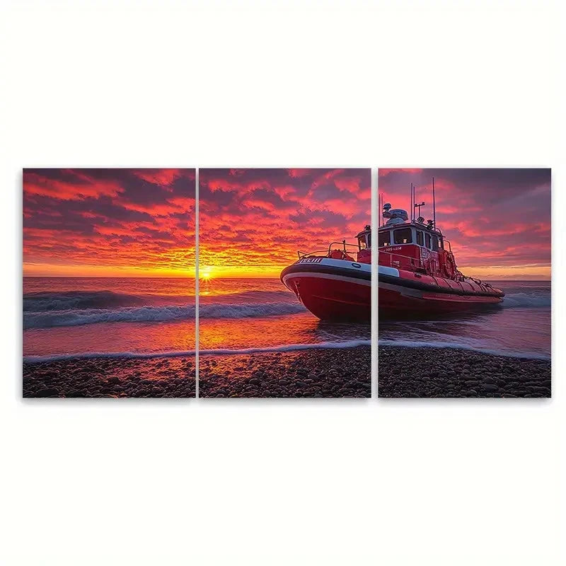 3pcs Bill Lifeboat Station Seascape Sunset TI Wall Art Set Canvas Framed 60x90cm - High Quality Print 100% Australian Made Wall Canvas Ready to Hang