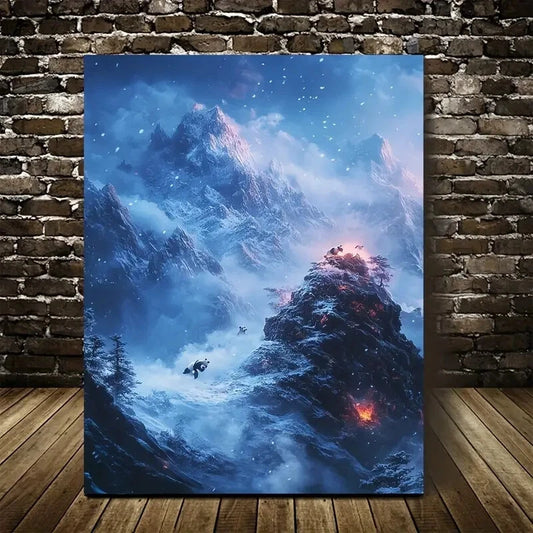 Fantasy Snowy Mountain Panda Chase Scene Painting 40x60cm Metal Print Ready to Hang