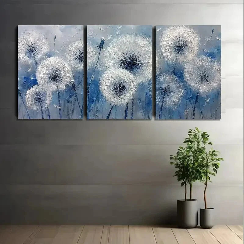 3pcs Abstract white Dandelions Painting Metal Print Ready to Hang Art