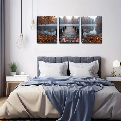 3pcs Serene Autumn Vibrant Bridge Perfect Wall Art Set Canvas Framed 40x60cm - High Quality Print 100% Australian Made Wall Canvas Ready to Hang