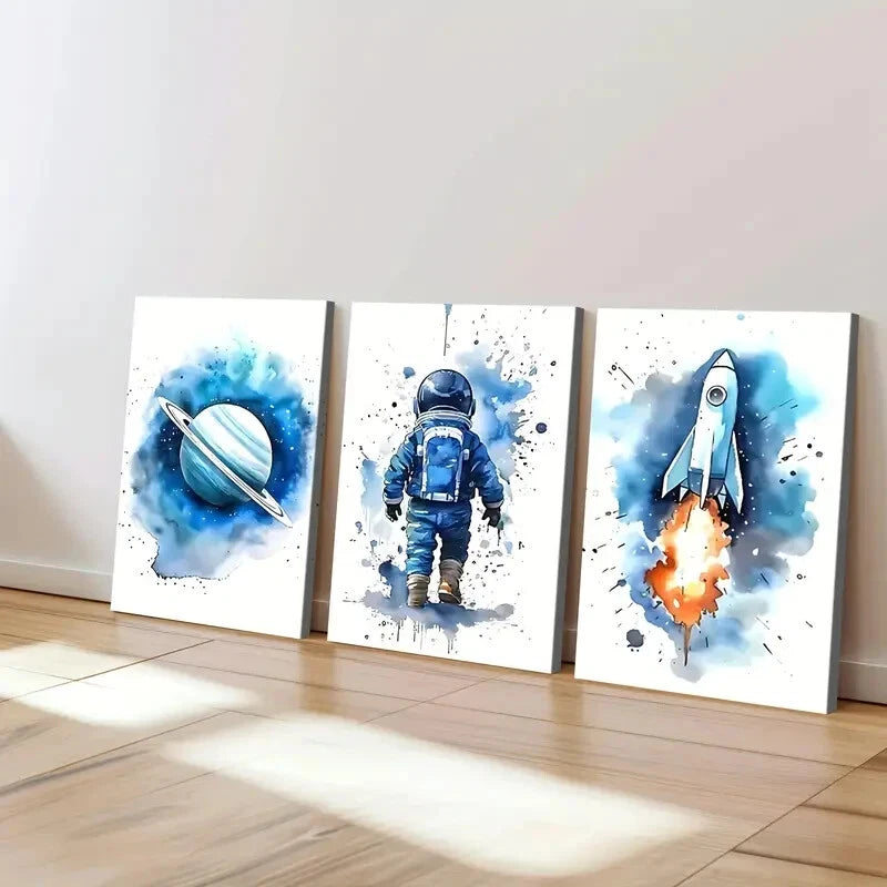 3pcs Modern Cosmic Art Space Rocket Blue & Fire Wall Art Set Canvas Framed 40x60cm - High Quality Print 100% Australian Made Wall Canvas Ready to Hang