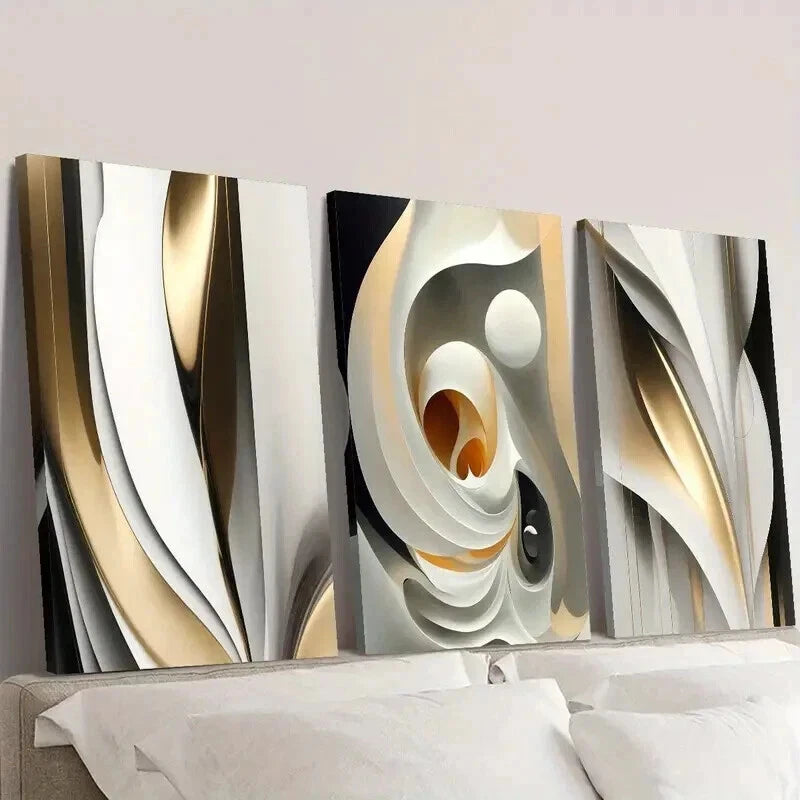 3pcs Modern Luxury Golden White Gilt Line Wall Art Set Canvas Framed 40x60cm - High Quality Print 100% Australian Made Wall Canvas Ready to Hang