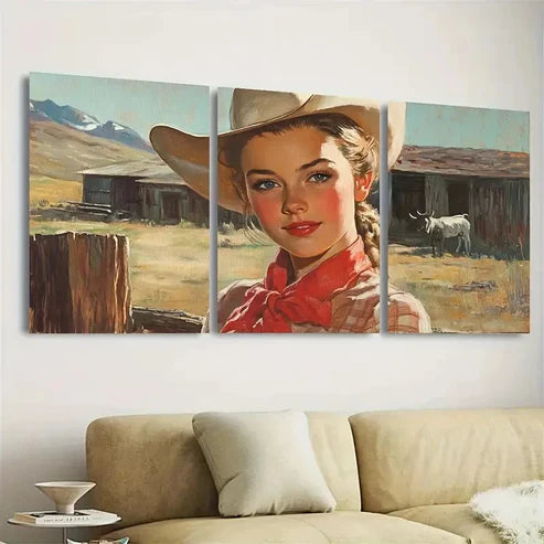 3pcs Vintage Cowgirl, Farmhouse Style Wall Art Set Canvas Unframed - High Quality Print 100% Australian Made Wall Canvas