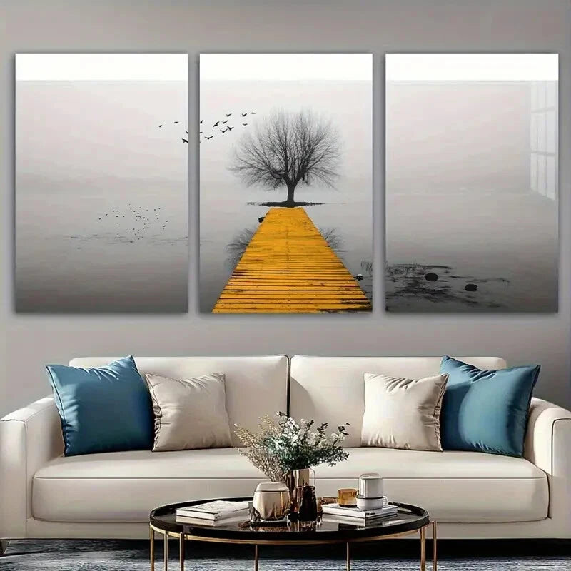 3pcs Seaside Birds and Trees Golden Themed Metal Print Ready to Hang Art
