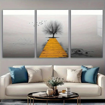 3pcs Seaside Birds and Trees Golden Themed Metal Print Ready to Hang Art