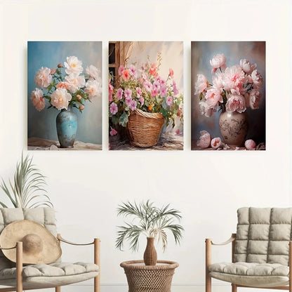 3pcs Pink & White Roses Peonies and Hydrangeas Metal Print Ready to Hang Art