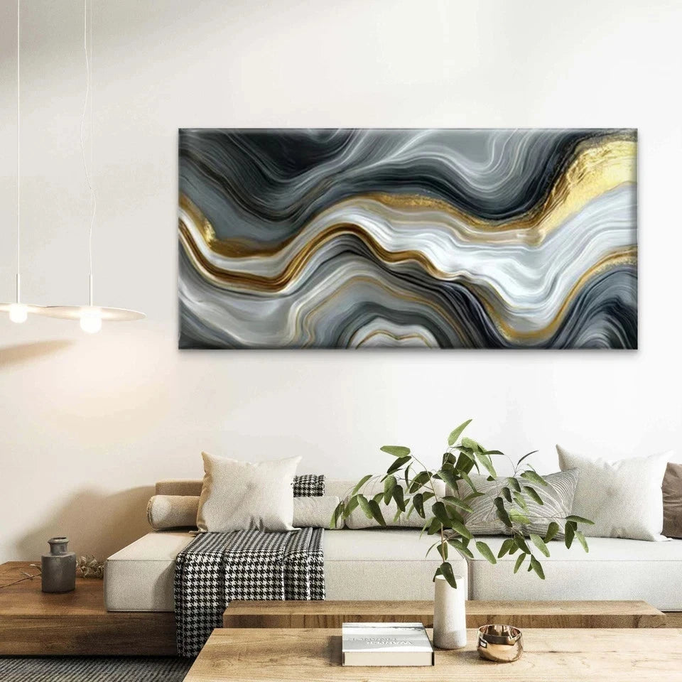 Minimalist Golden & Marble Wall Art Canvas Office Home Room Framed 120x60cm