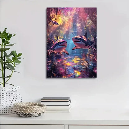 Vibrant Shark Forest Scene With Rainbow Painting  40x60cm Metal Print Ready to Hang