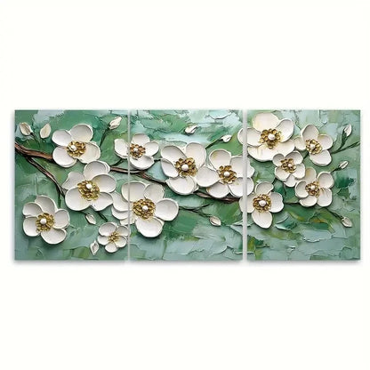 3pcs Floral Painting White Flower Green Nature  Wall Art Set Canvas Framed 40x60cm - High Quality Print 100% Australian Made Wall Canvas Ready to Hang