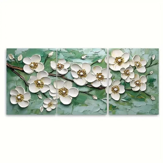 3pcs Floral Painting White Flower Green Nature  Wall Art Set Canvas Framed 40x60cm - High Quality Print 100% Australian Made Wall Canvas Ready to Hang