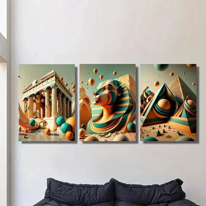 3pcs Golden Pagoda Sphinx Parthenon Wall Art Canvas Unframed - High Quality Print 100% Australian Made Wall Canvas