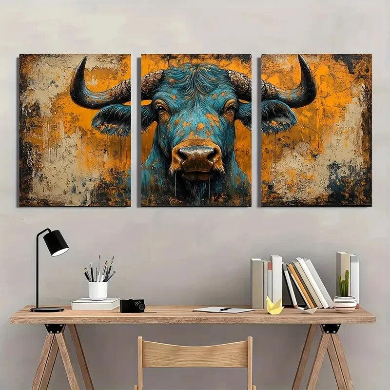 3pcs Vibrant Blue & Golden Abstract Animal Metal Print Ready to Hang Art