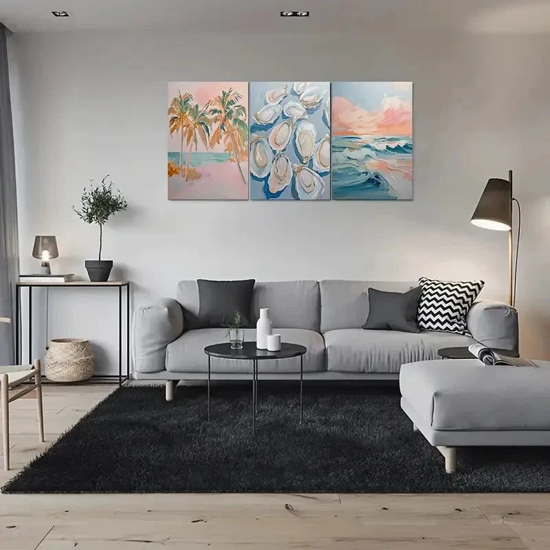 3pcs Tropical Palm Trees Seashell Pattern Metal Print Ready to Hang Art