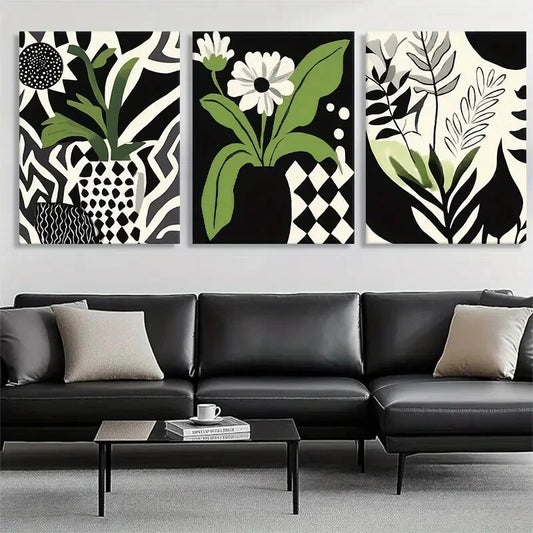 3pcs Green Black White Botanical Nature Perfect Wall Art Set Canvas Framed 40x60cm - High Quality Print 100% Australian Made Wall Canvas Ready to Hang