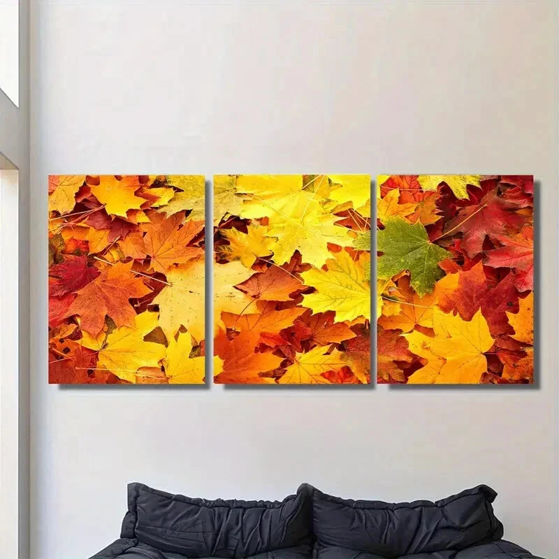 3pcs Autumn Leaves Triptych Vibrant Fall Colors Metal Print Ready to Hang Art