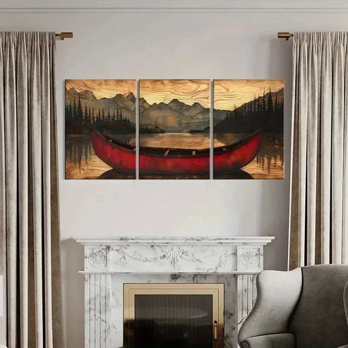 3pcs Red Canoe Mountain Range Forest Wall Art Canvas Unframed - High Quality Print 100% Australian Made Wall Canvas