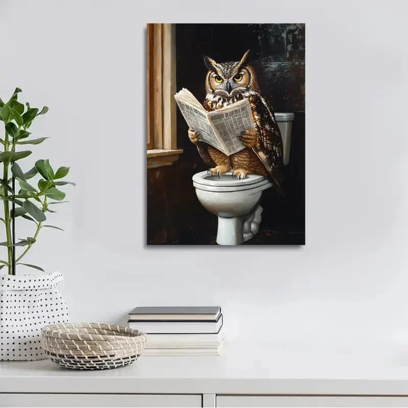 Contemporary Owl Reading Newspaper Painting 40x60cm Metal Print Ready to Hang