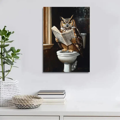 Contemporary Owl Reading Newspaper Painting 40x60cm Metal Print Ready to Hang